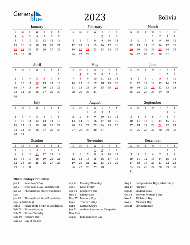 Bolivia Holidays Calendar for 2023