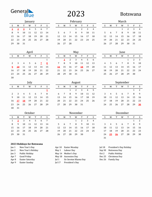 Botswana Holidays Calendar for 2023