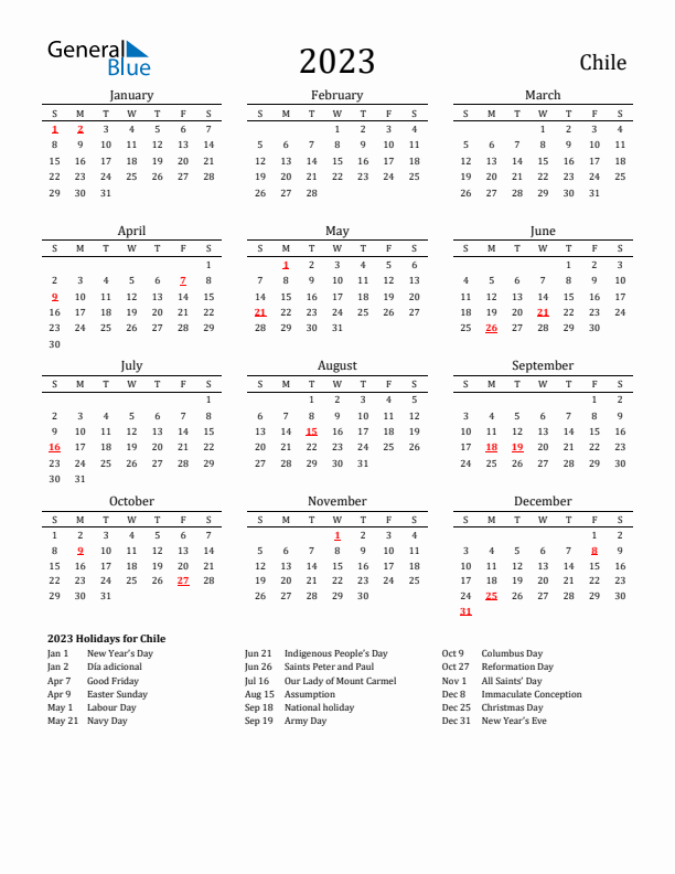 Chile Holidays Calendar for 2023