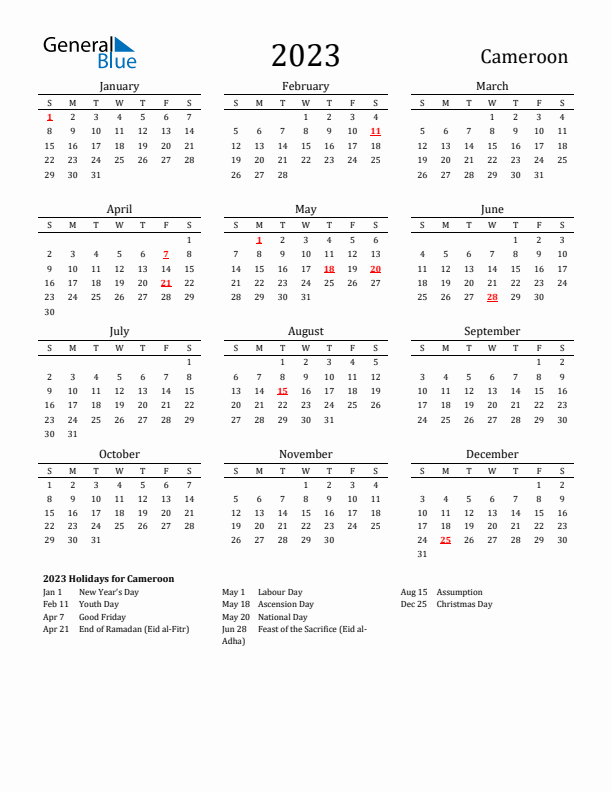 Cameroon Holidays Calendar for 2023