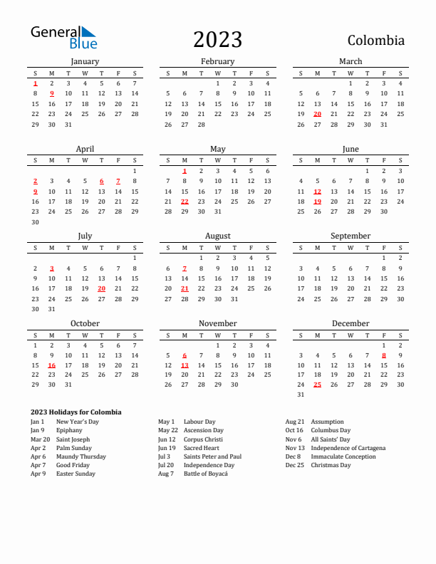 Colombia Holidays Calendar for 2023