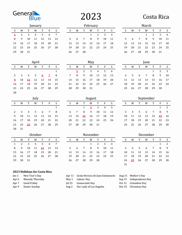 Costa Rica Holidays Calendar for 2023