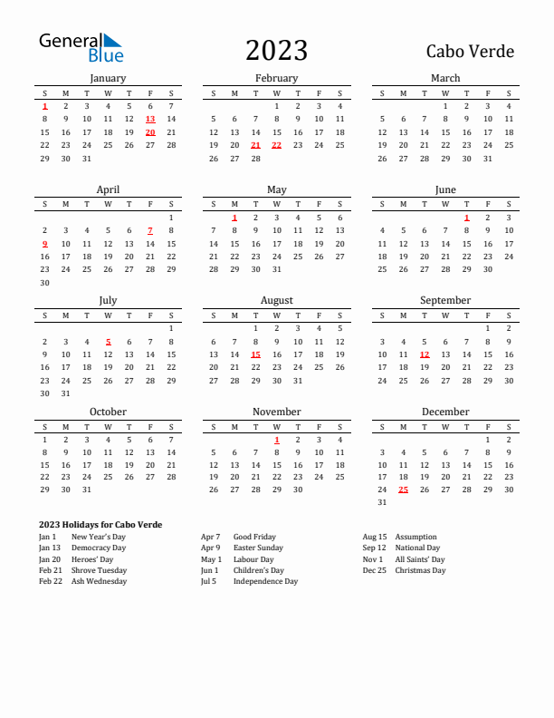 Cabo Verde Holidays Calendar for 2023