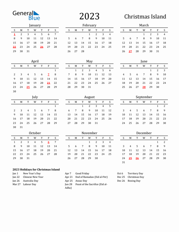 Christmas Island Holidays Calendar for 2023