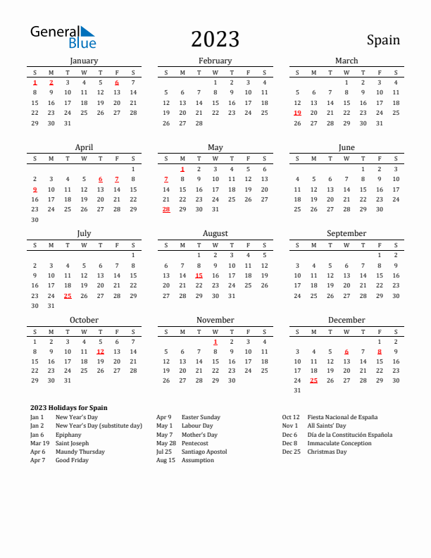 Spain Holidays Calendar for 2023