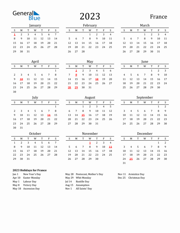 France Holidays Calendar for 2023