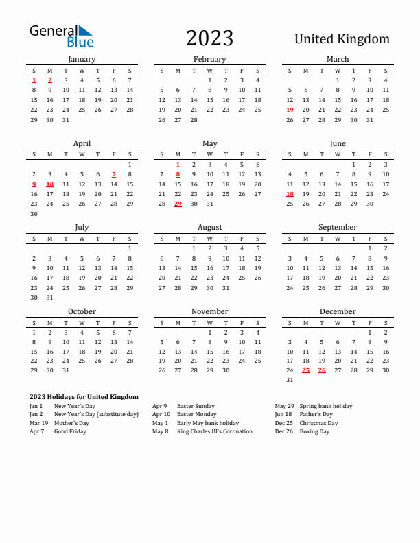 United Kingdom Holidays Calendar for 2023