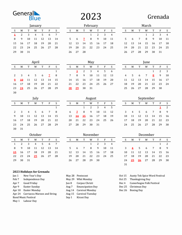 Grenada Holidays Calendar for 2023