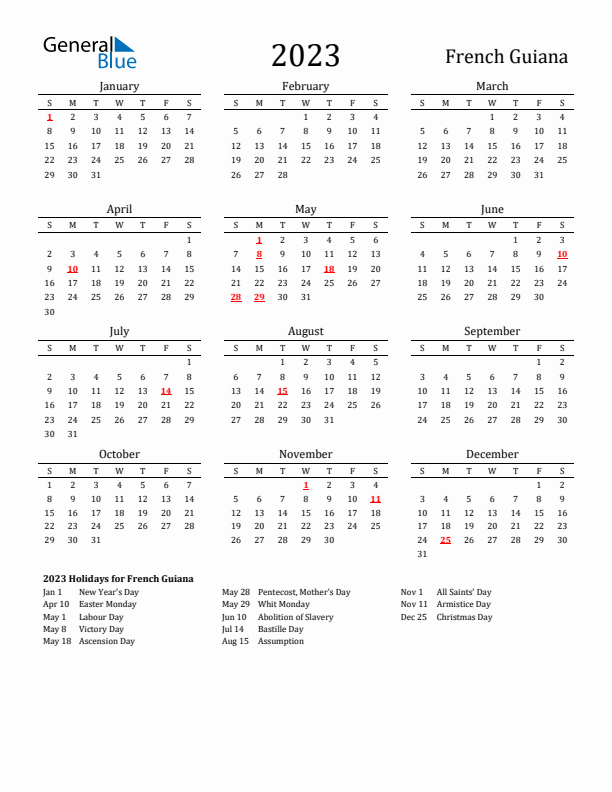 French Guiana Holidays Calendar for 2023