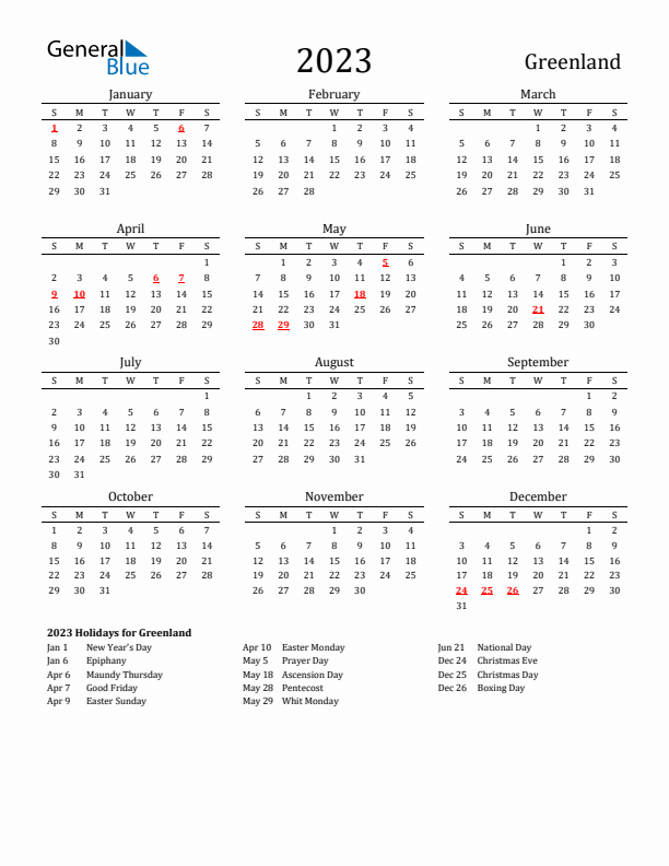 Greenland Holidays Calendar for 2023