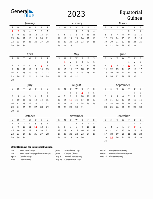 Equatorial Guinea Holidays Calendar for 2023