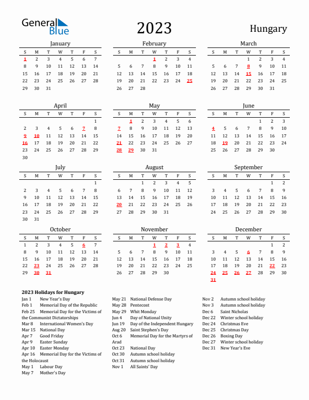 Hungary Holidays Calendar for 2023