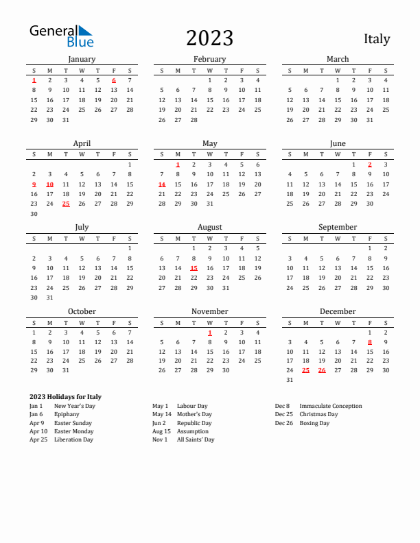 Italy Holidays Calendar for 2023