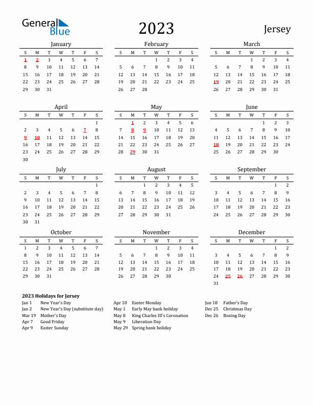 Jersey Holidays Calendar for 2023