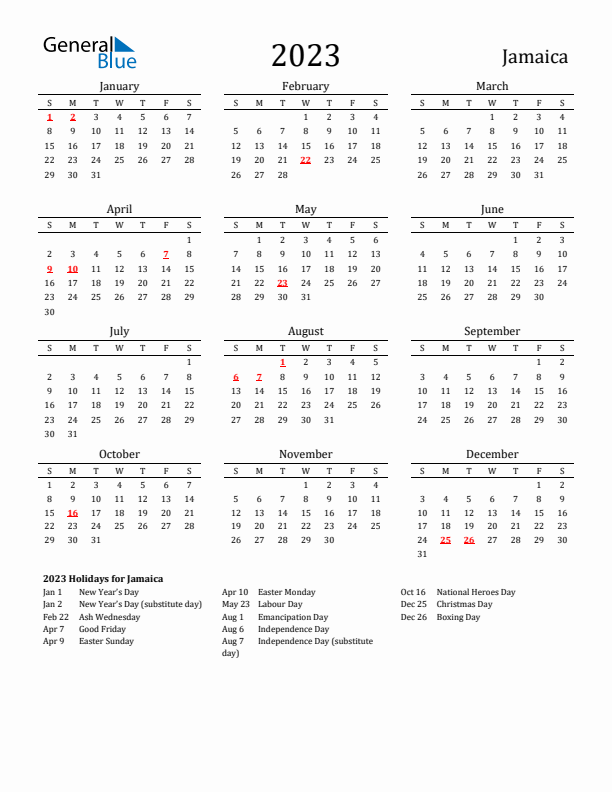 Jamaica Holidays Calendar for 2023