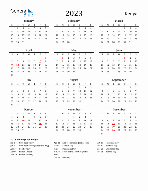 Kenya Holidays Calendar for 2023