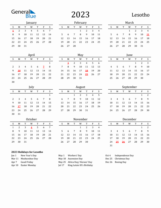 Lesotho Holidays Calendar for 2023