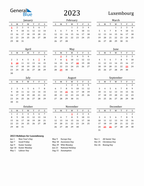 Luxembourg Holidays Calendar for 2023