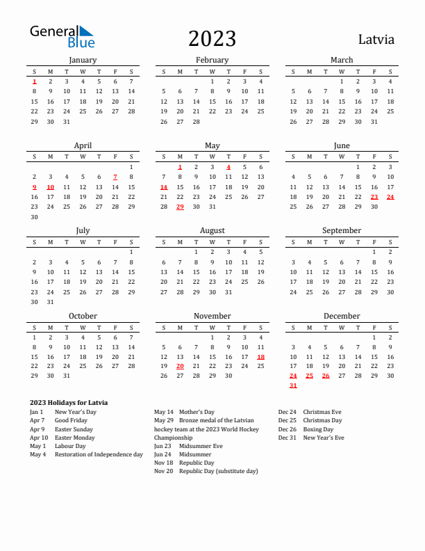 Latvia Holidays Calendar for 2023