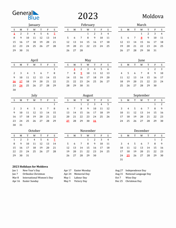 Moldova Holidays Calendar for 2023