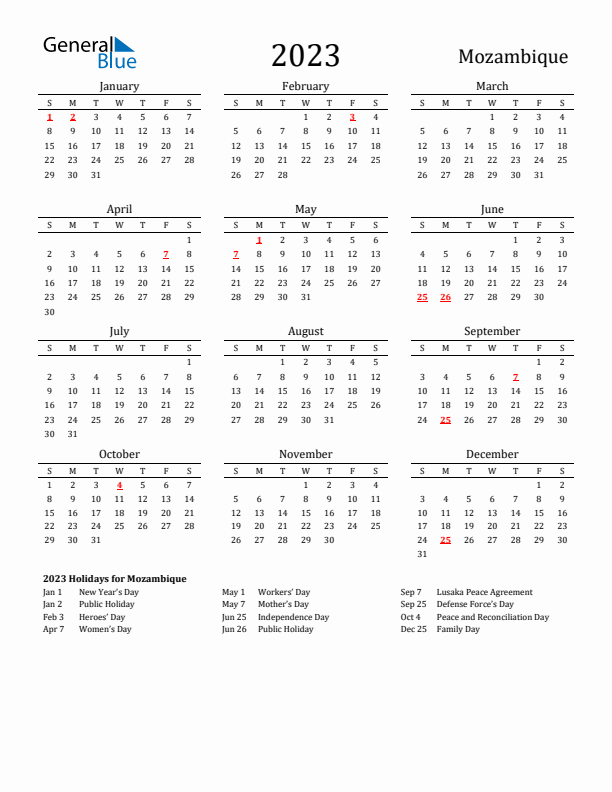 Mozambique Holidays Calendar for 2023