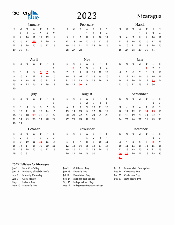 Nicaragua Holidays Calendar for 2023