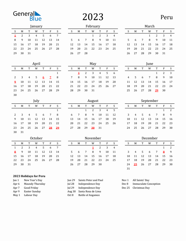 Peru Holidays Calendar for 2023