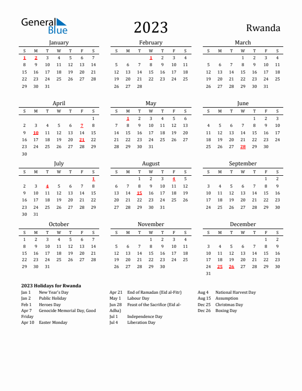 Rwanda Holidays Calendar for 2023