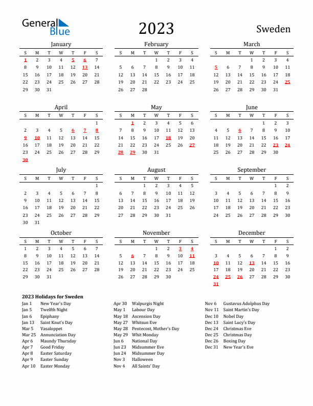 Sweden Holidays Calendar for 2023