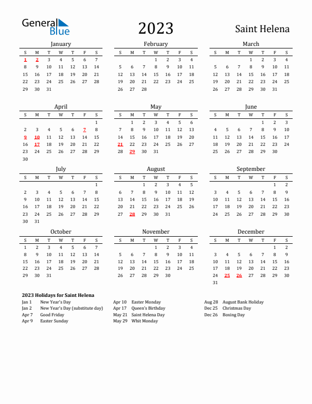 Saint Helena Holidays Calendar for 2023