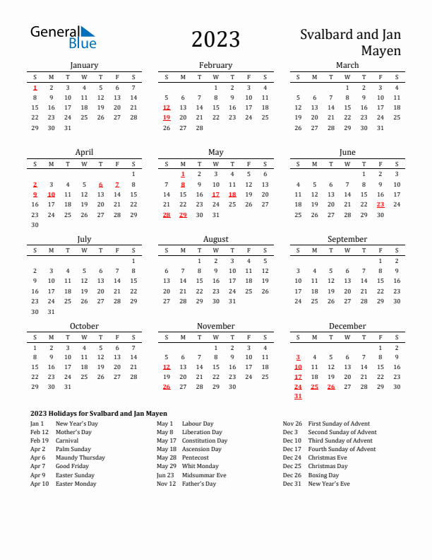 Svalbard and Jan Mayen Holidays Calendar for 2023