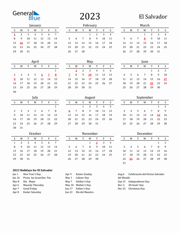 El Salvador Holidays Calendar for 2023