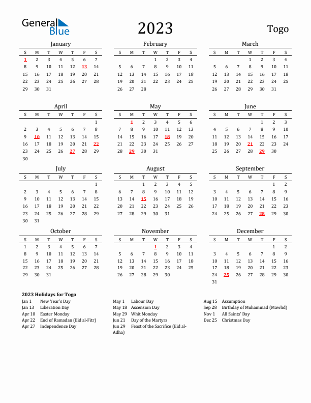 Togo Holidays Calendar for 2023