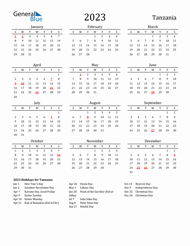 Tanzania Holidays Calendar for 2023