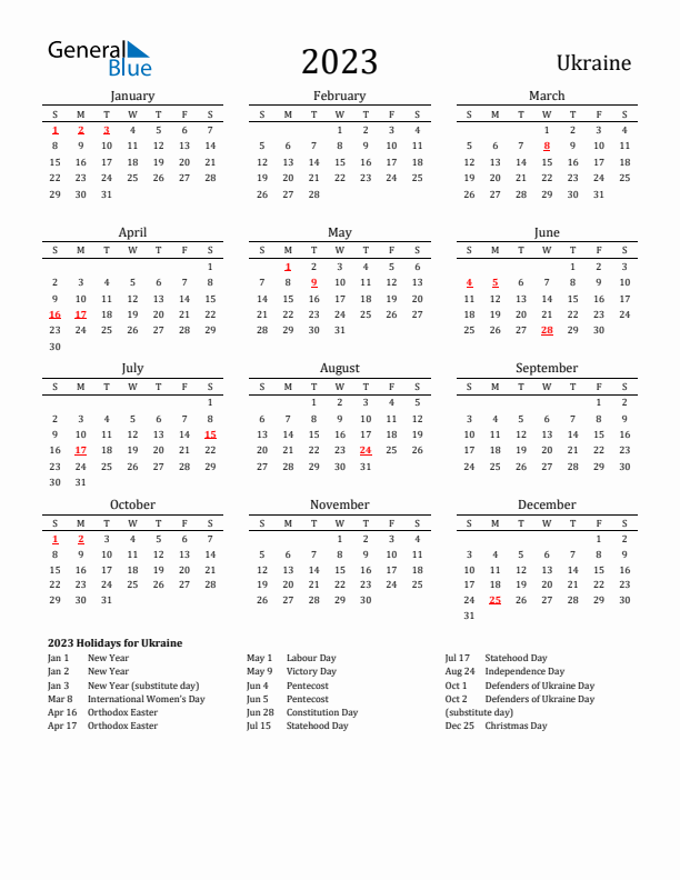 Ukraine Holidays Calendar for 2023