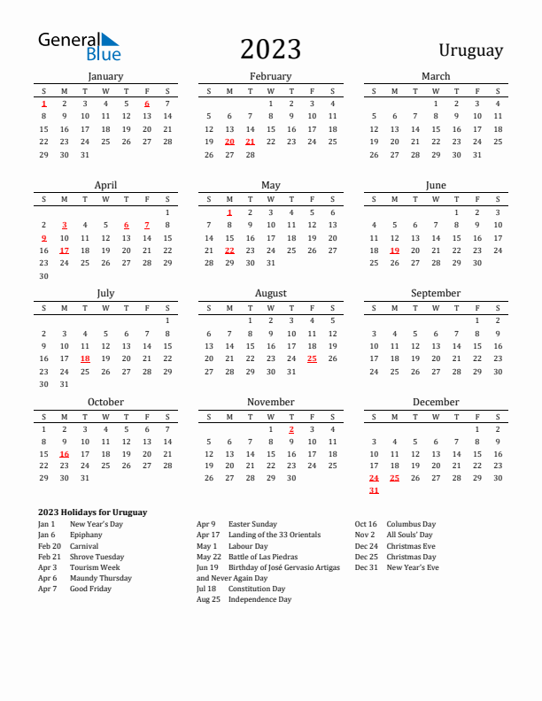 Uruguay Holidays Calendar for 2023