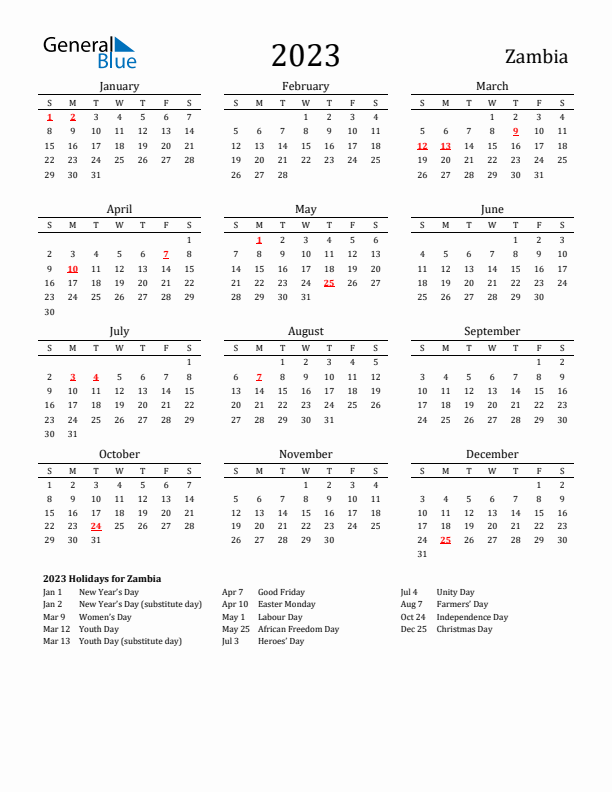 Zambia Holidays Calendar for 2023