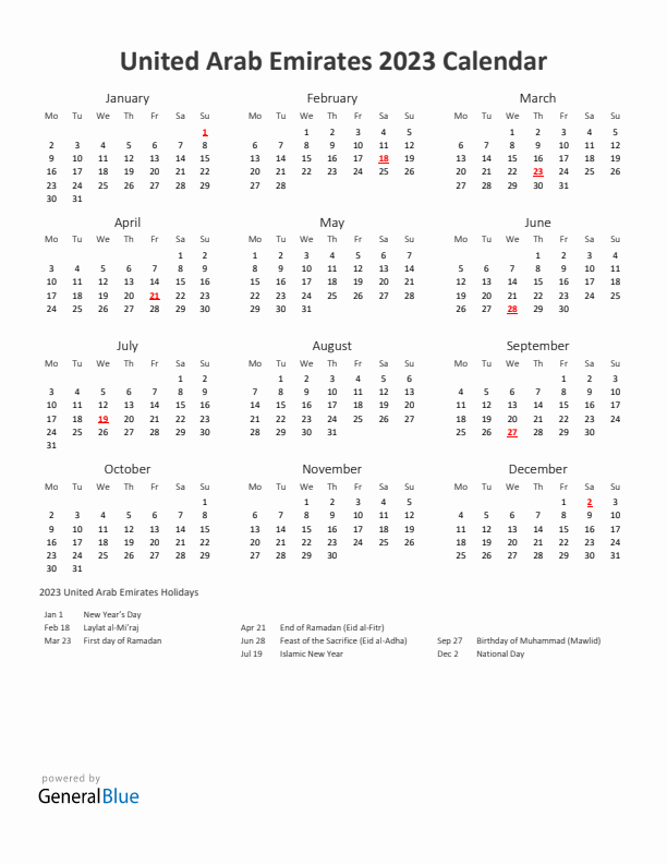 2023 Yearly Calendar Printable With United Arab Emirates Holidays