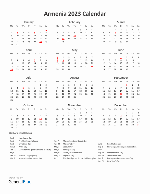 2023 Yearly Calendar Printable With Armenia Holidays