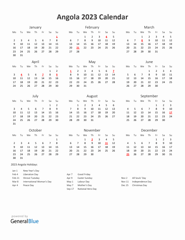 2023 Yearly Calendar Printable With Angola Holidays