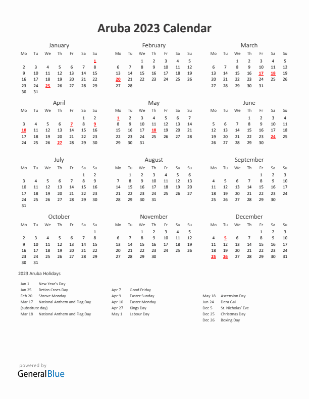 2023 Yearly Calendar Printable With Aruba Holidays