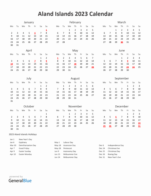 2023 Yearly Calendar Printable With Aland Islands Holidays