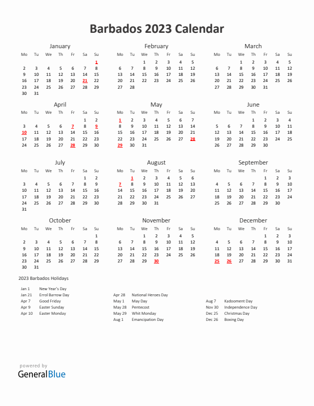 2023 Yearly Calendar Printable With Barbados Holidays