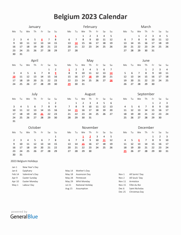 2023 Yearly Calendar Printable With Belgium Holidays