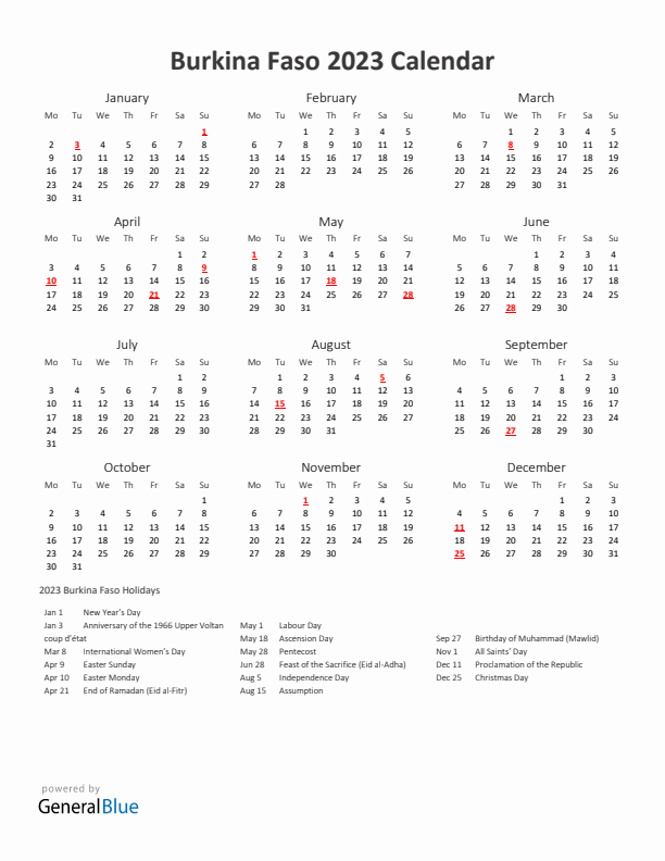 2023 Yearly Calendar Printable With Burkina Faso Holidays