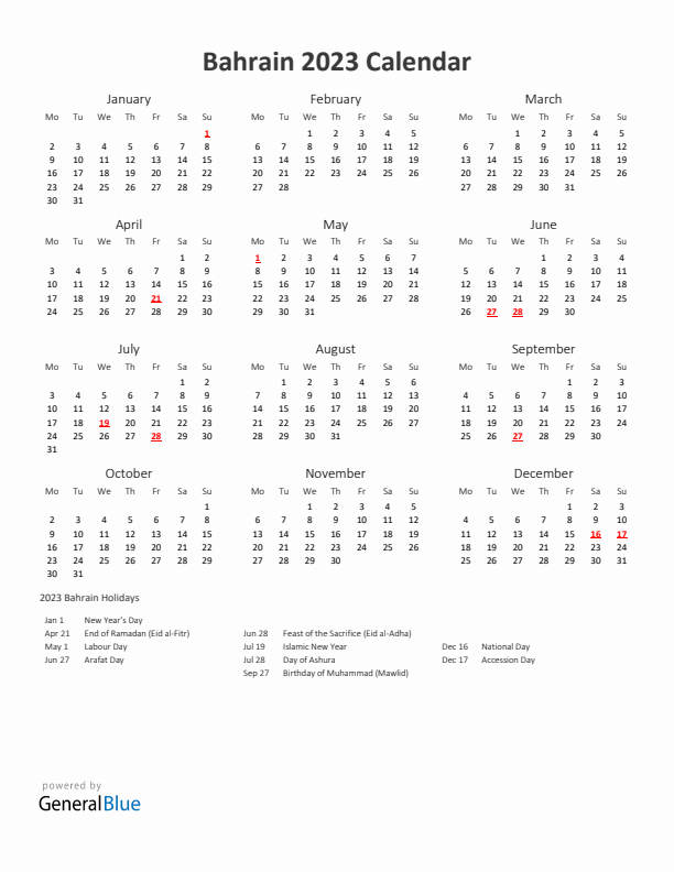 2023 Yearly Calendar Printable With Bahrain Holidays