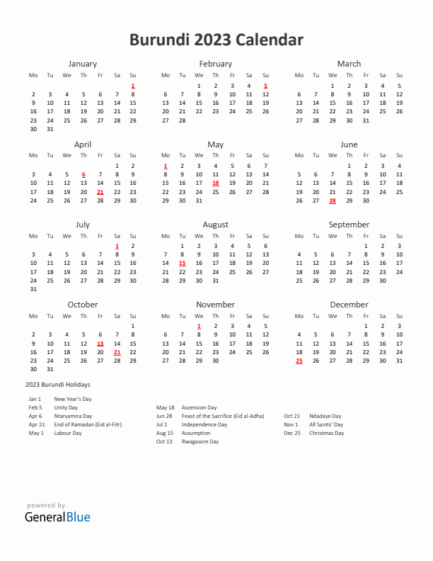 2023 Yearly Calendar Printable With Burundi Holidays