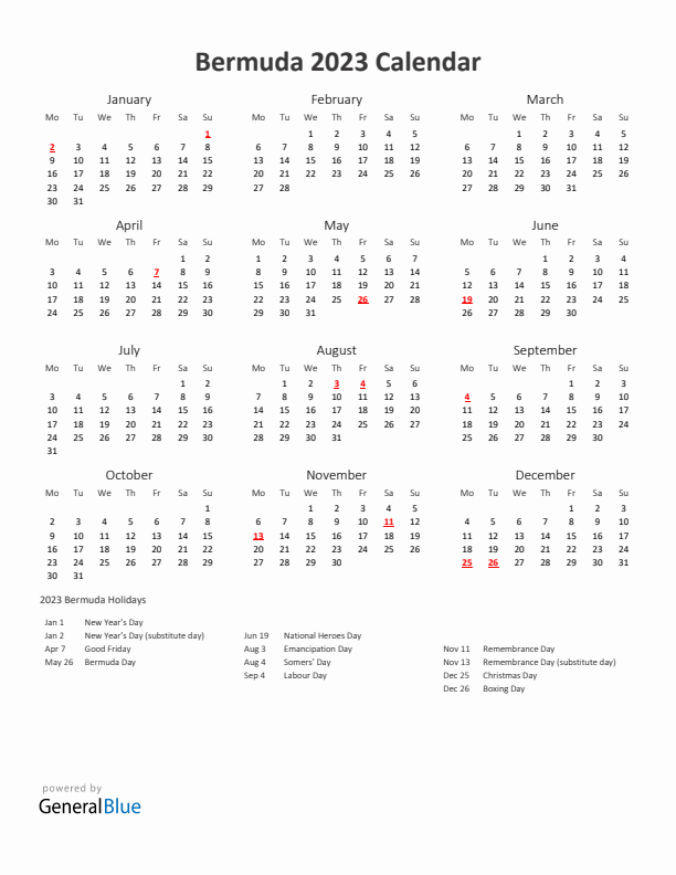 2023 Yearly Calendar Printable With Bermuda Holidays