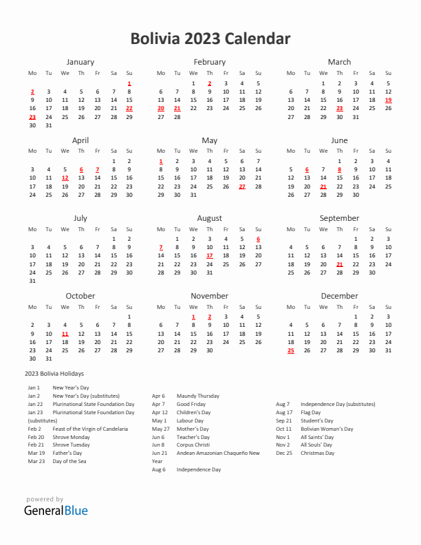 2023 Yearly Calendar Printable With Bolivia Holidays