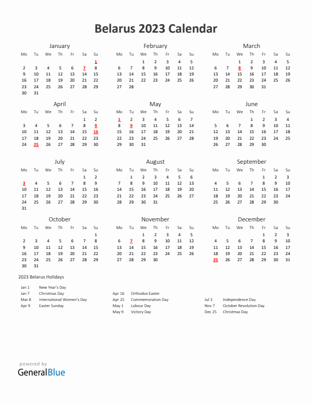 2023 Yearly Calendar Printable With Belarus Holidays